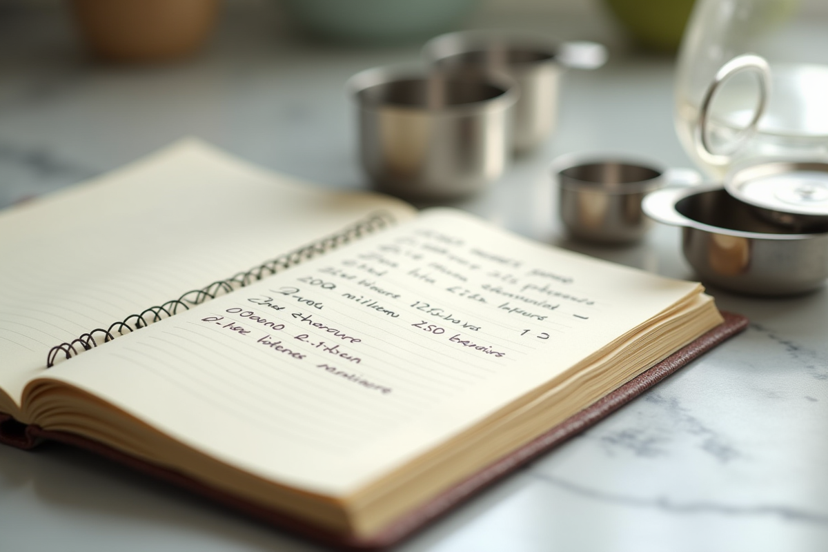 Carnet de recette ouvert avec tasses et notes de conversion