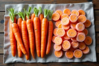 Comparaison côte à côte de carottes fraîches entières et de carottes surgelées en tranches sur un tissu de lin rustique, vue de dessus