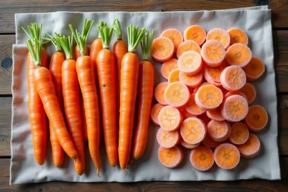 Comparaison côte à côte de carottes fraîches entières et de carottes surgelées en tranches sur un tissu de lin rustique, vue de dessus