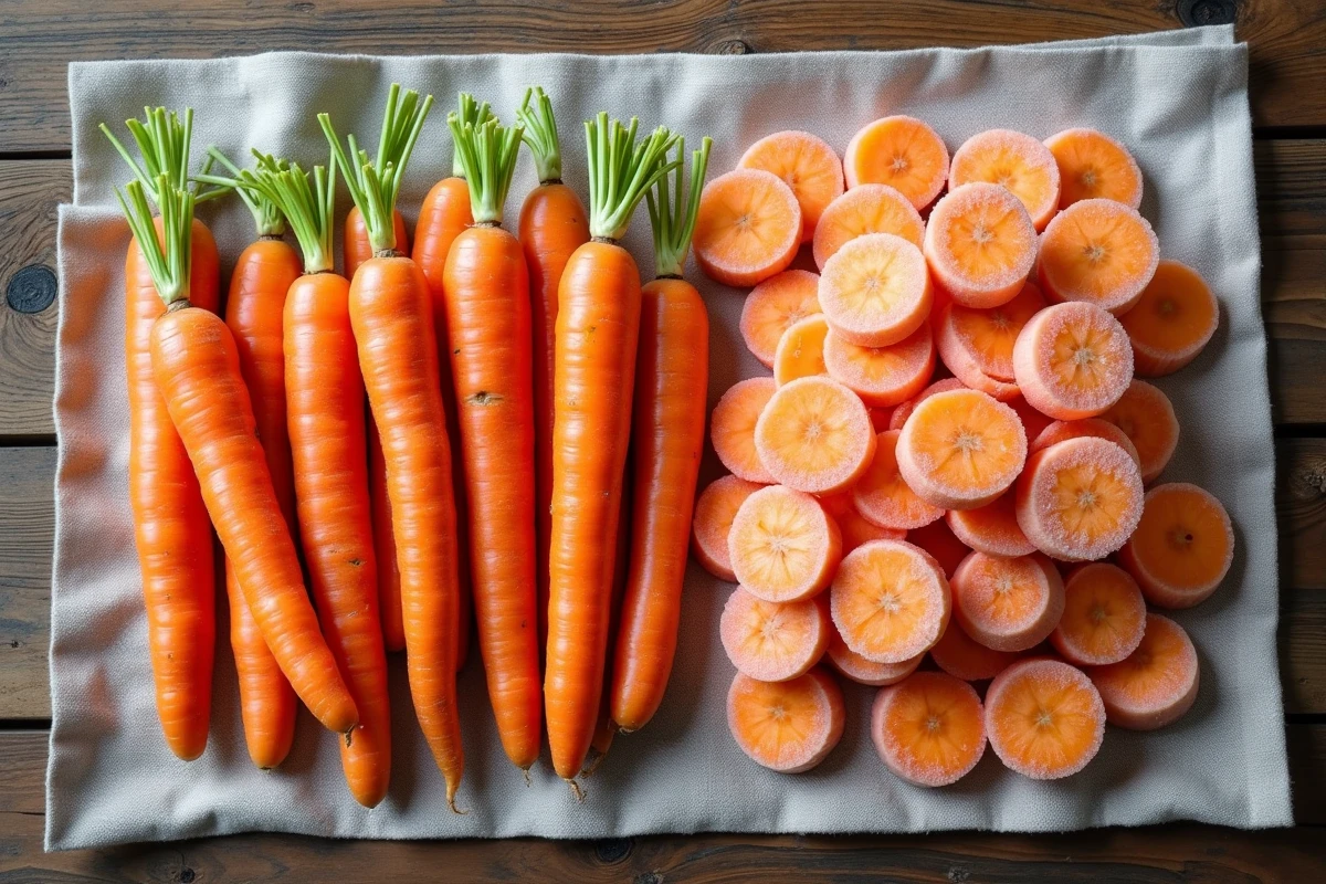 Comparaison côte à côte de carottes fraîches entières et de carottes surgelées en tranches sur un tissu de lin rustique, vue de dessus