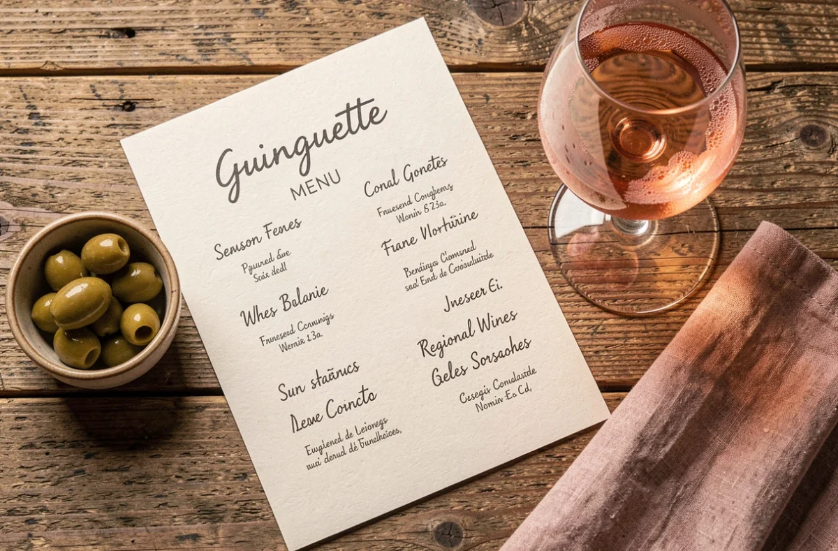 Carte de menu d'une guinguette posée sur une table en bois avec un verre de rosé et des olives en mise en scène rustique