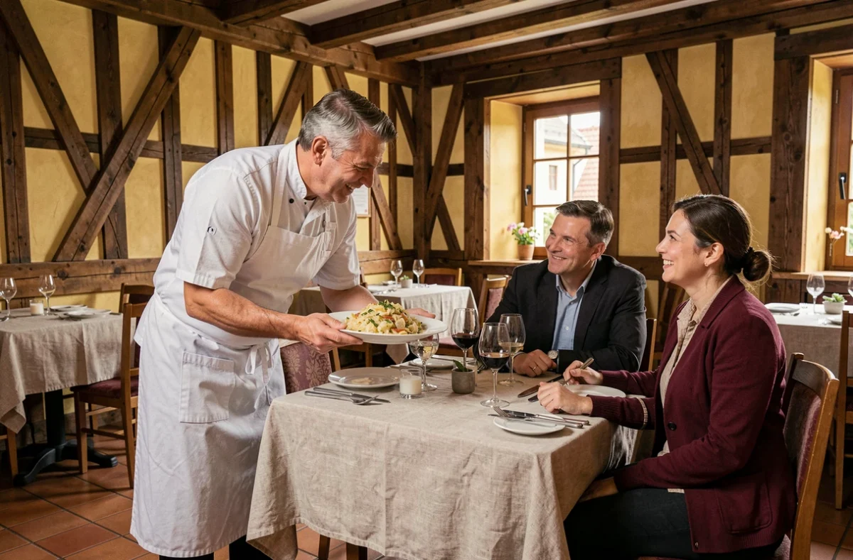 Salle de restaurant du CG à Sélestat avec poutres apparentes, sol en tomettes et service d'un plat alsacien