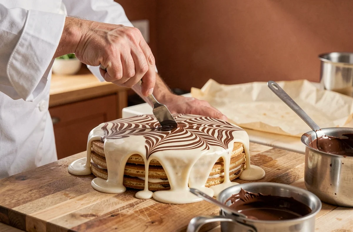 Chef pâtissier appliquant le glaçage miroir sur un mille-feuille maison avec technique de marbrure au cure-dent