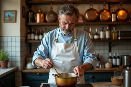 Chef français en cuisine avec sauce aux échalotes