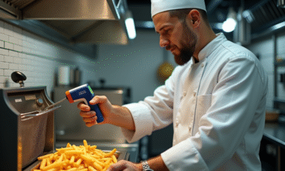 Chef en cuisine vérifiant la température des frites dorées