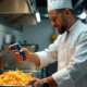 Chef en cuisine vérifiant la température des frites dorées