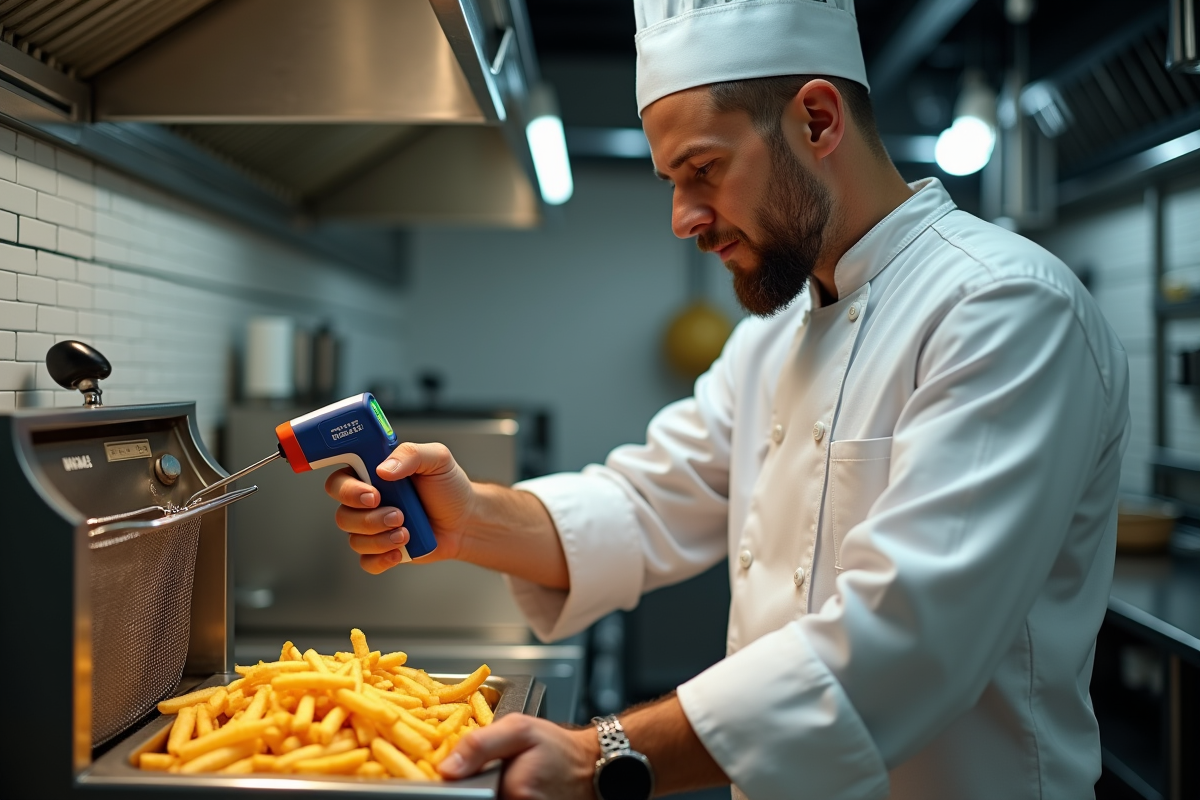 Chef en cuisine vérifiant la température des frites dorées