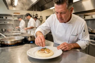 Chef professionnel dressant des coquilles Saint-Jacques sur une purée de chou-fleur dans une cuisine de restaurant