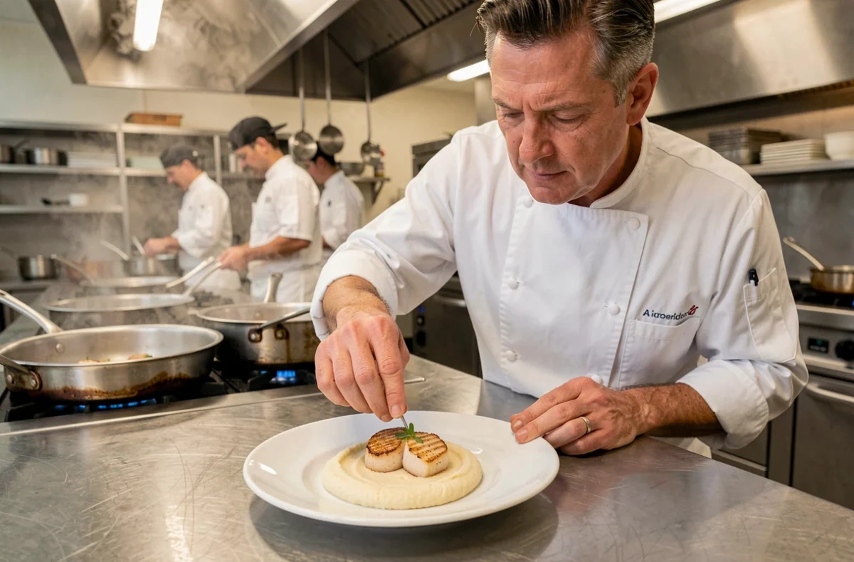 Chef professionnel dressant des coquilles Saint-Jacques sur une purée de chou-fleur dans une cuisine de restaurant