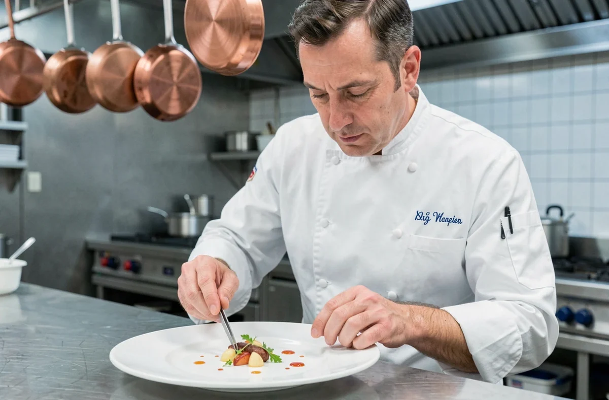 Chef étoilé en veste blanche dressant une assiette gastronomique avec une précision minutieuse dans la cuisine d'un restaurant de Lille