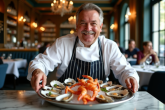 Chef français arrangeant fruits de mer dans une brasserie parisienne