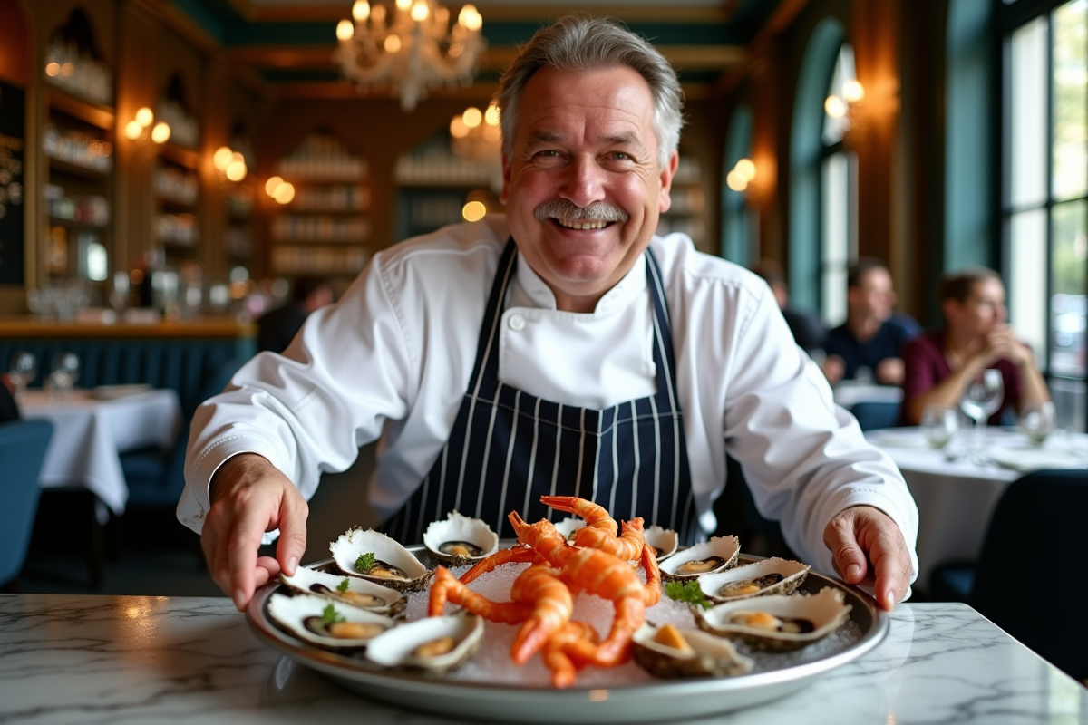 Chef français arrangeant fruits de mer dans une brasserie parisienne