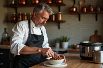 Chef français garnissant un bol de boeuf carotte chaud