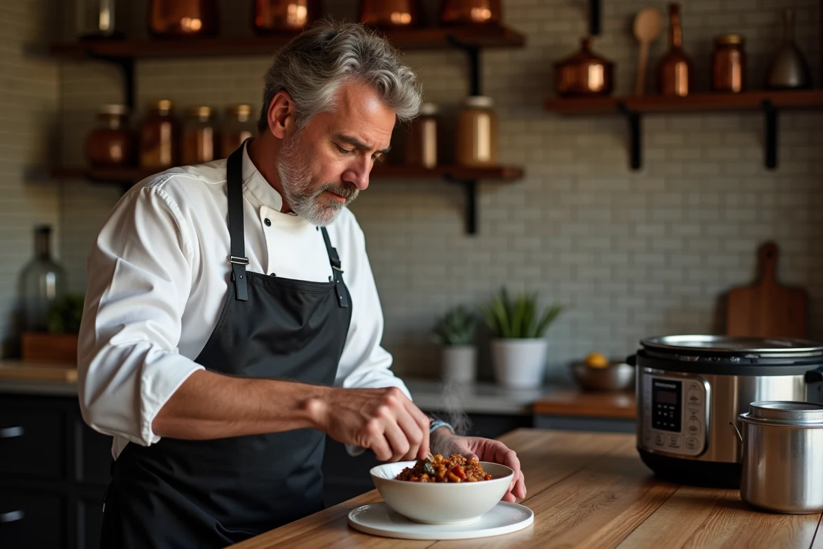 Chef français garnissant un bol de boeuf carotte chaud