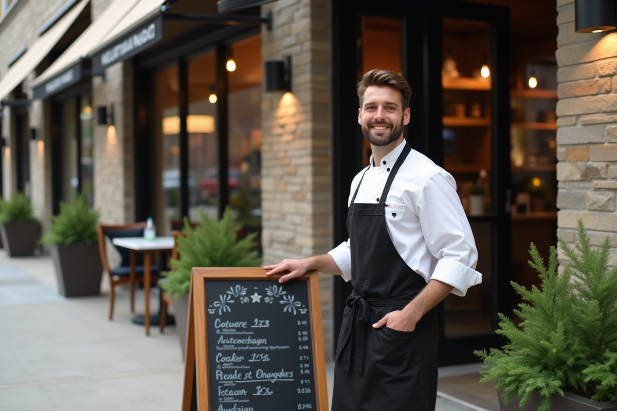 Jeune chef arrangeant un menu sur le trottoir devant un restaurant moderne