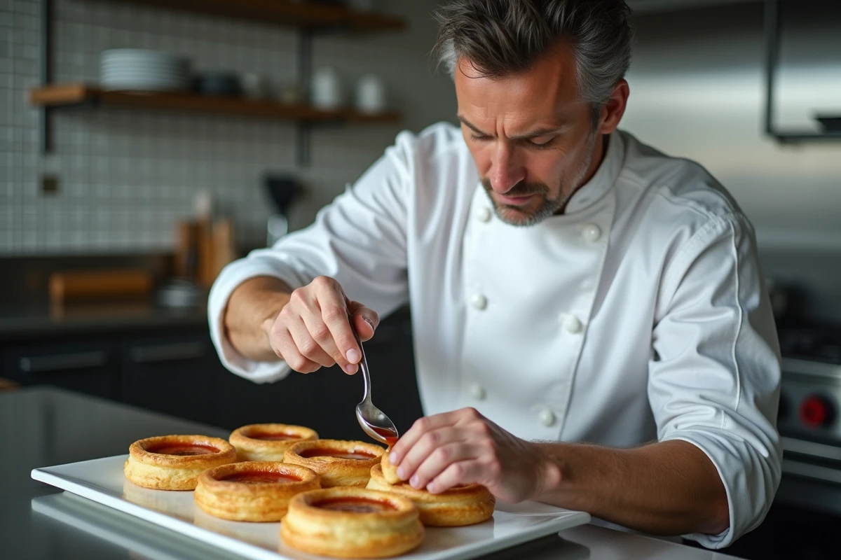 Chef cuisinier en veste blanche nappant une bouchée à la reine avec une sauce veloutée dans une cuisine de restaurant professionnelle