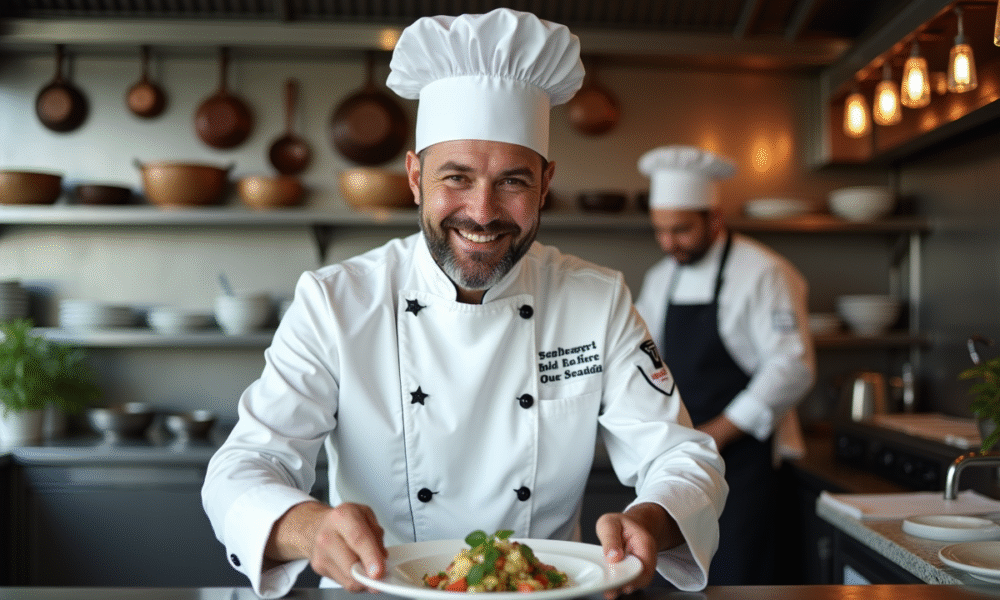 Chef en cuisine moderne souriant en dressant un plat