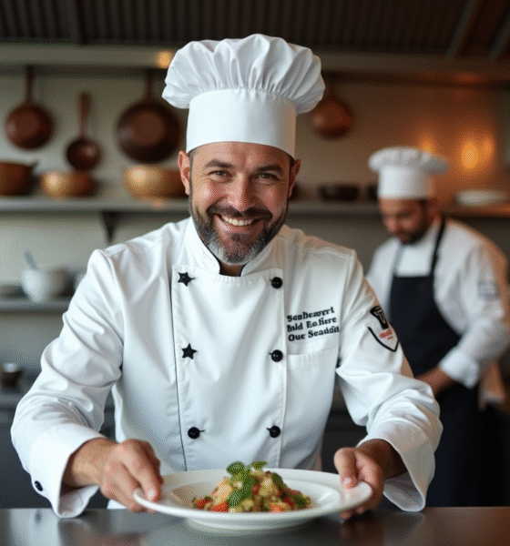 Chef en cuisine moderne souriant en dressant un plat