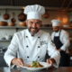 Chef en cuisine moderne souriant en dressant un plat