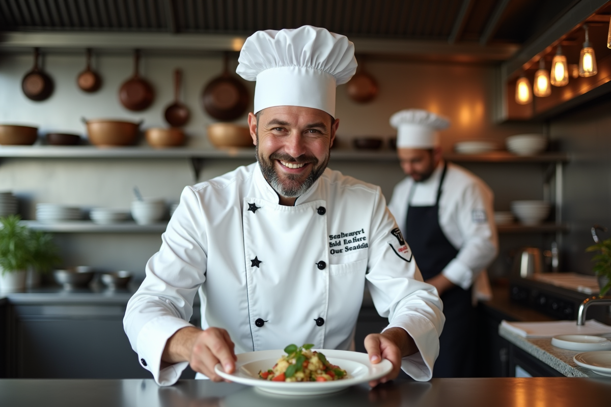 Chef en cuisine moderne souriant en dressant un plat
