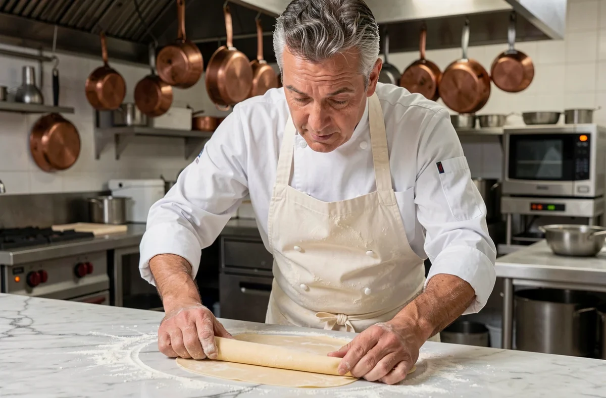 Chef cuisinier italien préparant des pâtes fraîches maison dans la cuisine d'un restaurant des Hauts-de-France