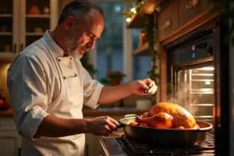 Chef en cuisine préparant un capon doré pour Noël