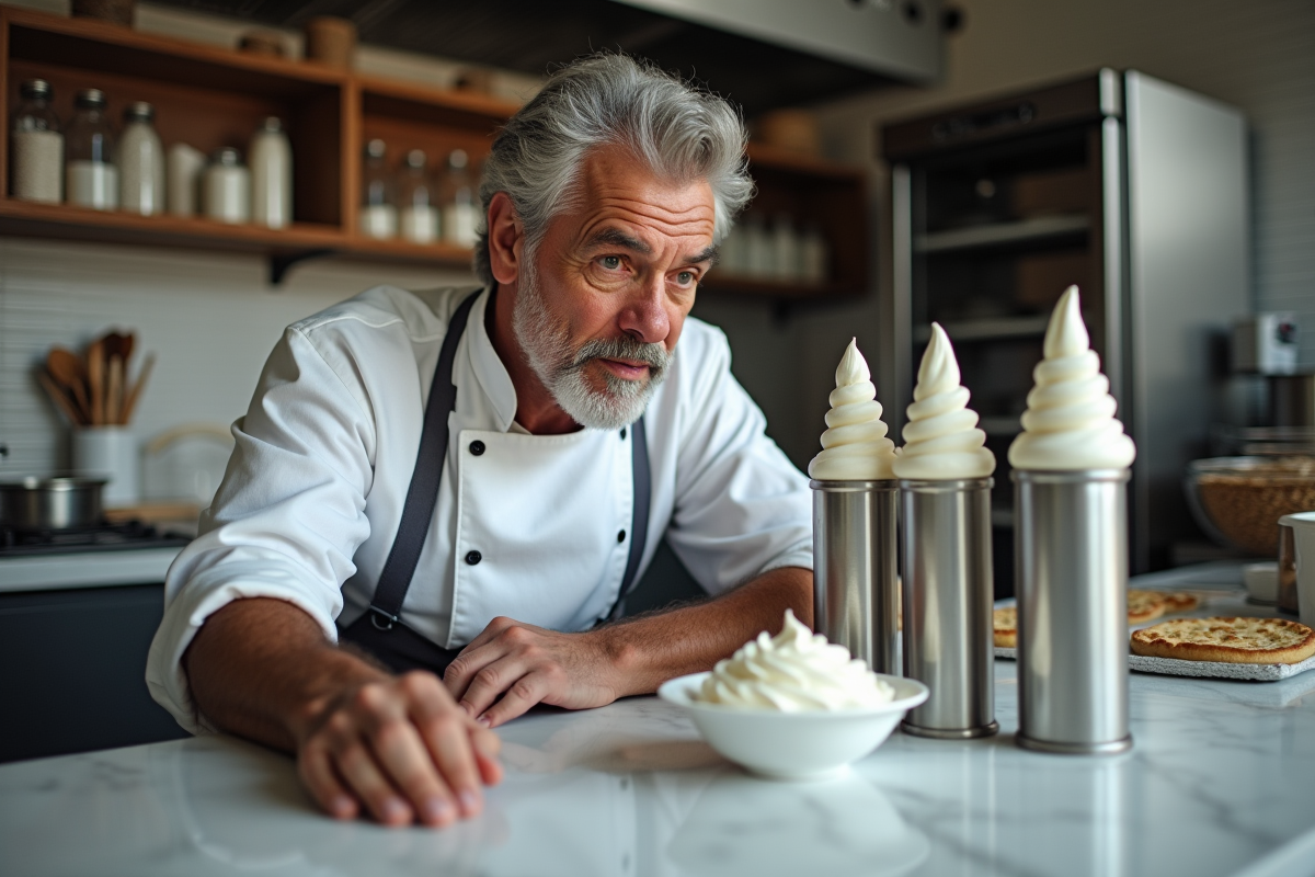 Chef examinant plusieurs siphons à chantilly dans une boulangerie