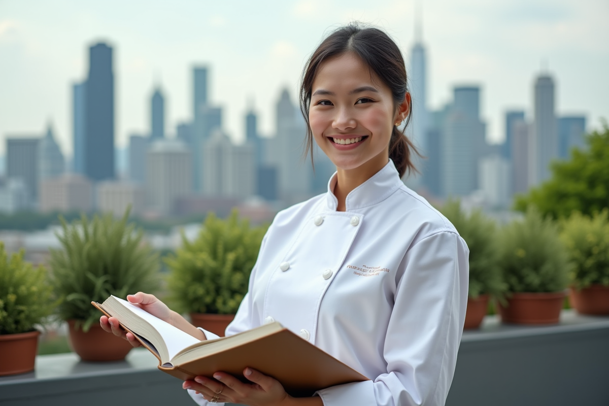 Jeune chef avec livre de cuisine sur terrasse urbaine