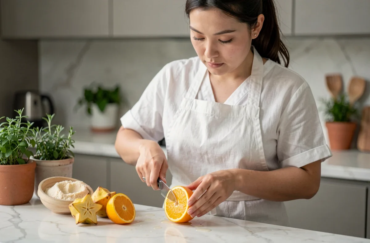 Cheffe cuisinière découpant un fruit iyokan sur un plan de travail en marbre entouré de fruits exotiques commençant par I