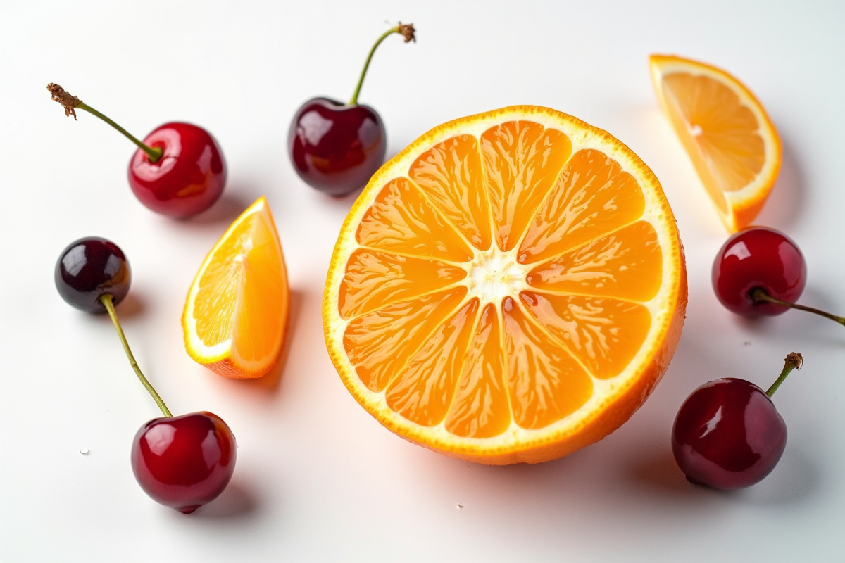 Tranches de clementine cerises et cassis sur fond blanc avec gouttes d