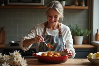 Femme française cuisine crépinettes dans une cocotte en fonte