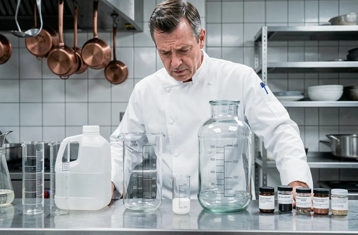 Chef comparant un verre doseur de 40 cl et un litre entier sur un plan de travail en inox dans une cuisine professionnelle
