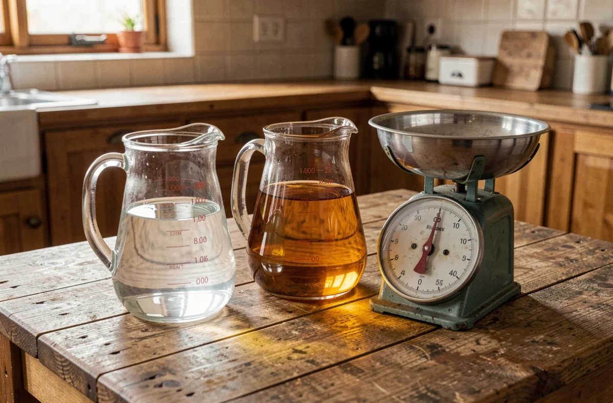 Trois liquides différents dans des verres gradués posés à côté d'une balance de cuisine illustrant la variation de densité entre l'eau, l'huile et le miel