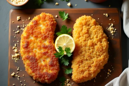 Comparaison côte à côte de poulet pané au panko et à la chapelure classique sur une planche en bois rustique