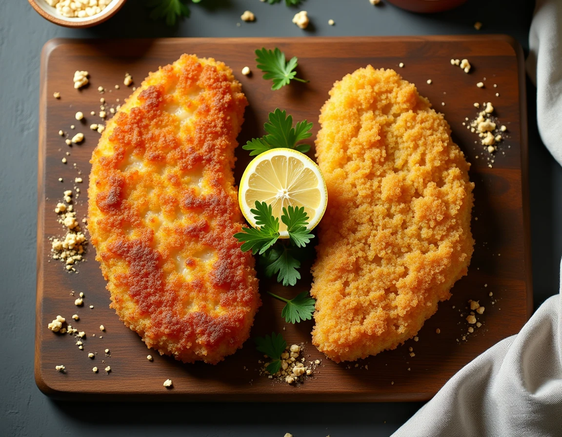 Comparaison côte à côte de poulet pané au panko et à la chapelure classique sur une planche en bois rustique