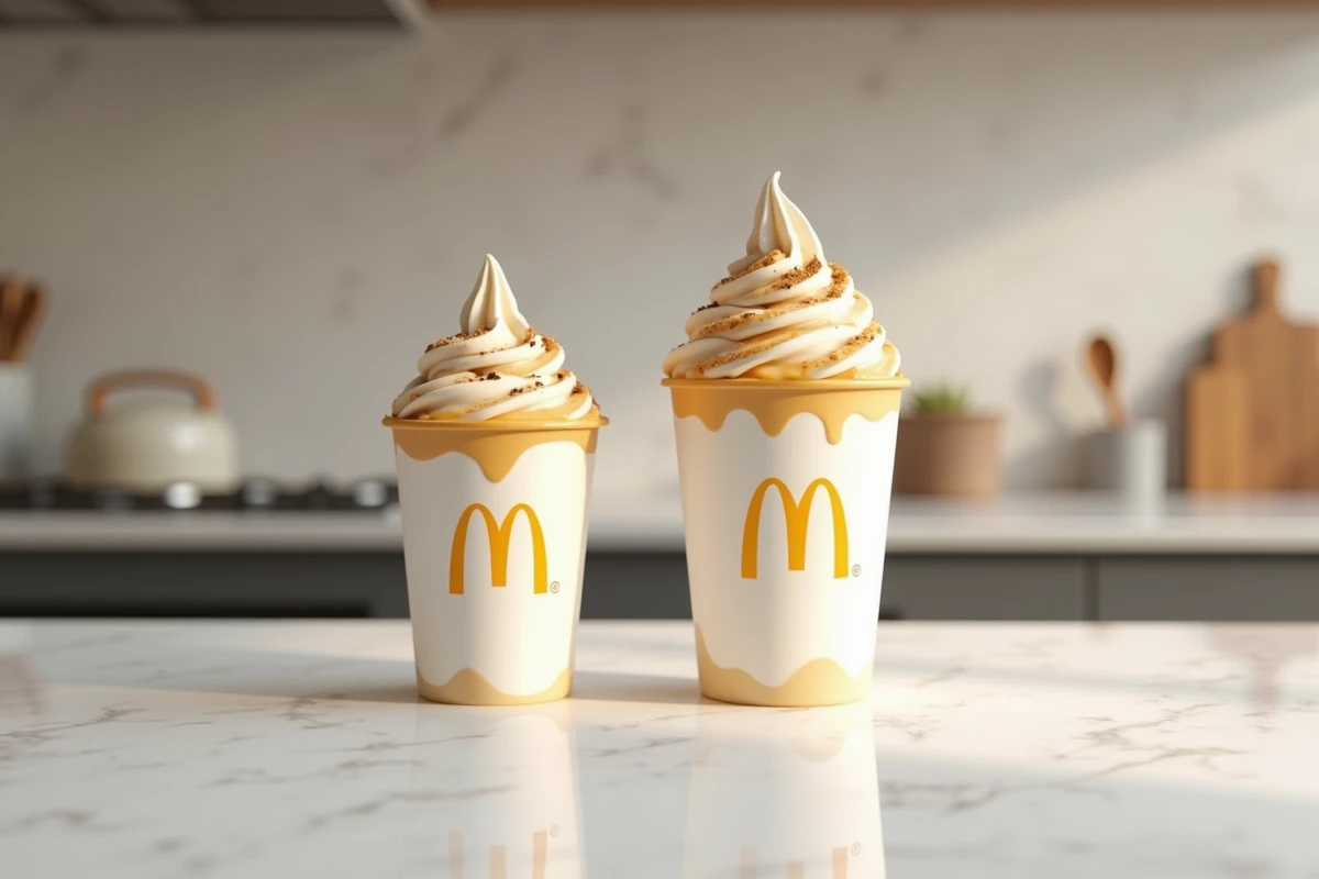 Comparaison de deux tailles de McFlurry McDonald's posés côte à côte sur un comptoir en marbre blanc, petit format et grand format visibles