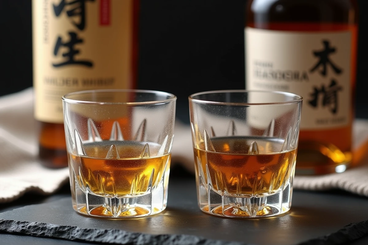 Comparaison de deux verres de whisky japonais et écossais sur une surface en ardoise avec bouteilles en arrière-plan