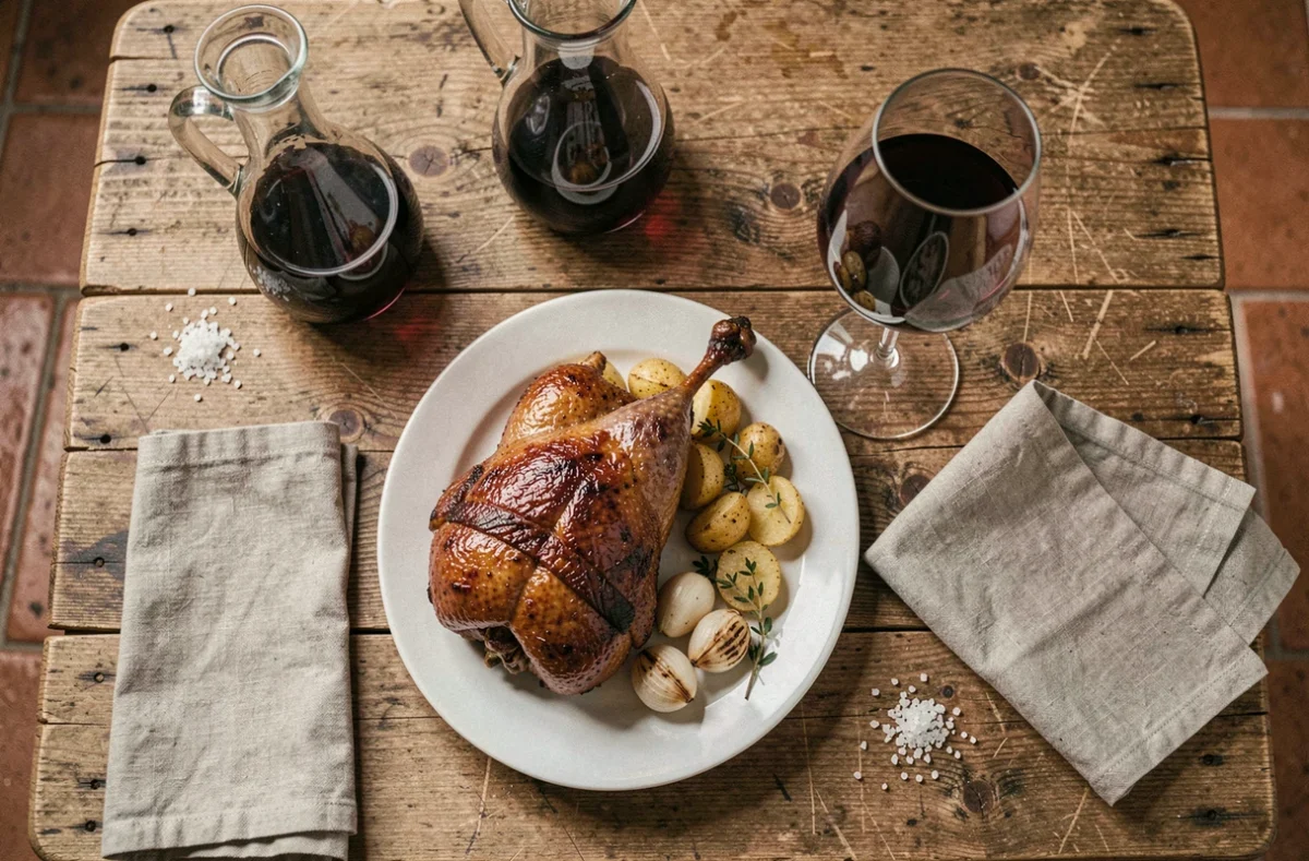 Confit de canard servi avec pommes de terre sautées et un verre de vin rouge Bordeaux sur une table en bois rustique