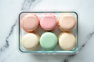 Coques de macarons vides conservées dans une boîte hermétique en verre sur un plan de travail en marbre blanc
