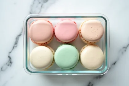 Coques de macarons vides conservées dans une boîte hermétique en verre sur un plan de travail en marbre blanc