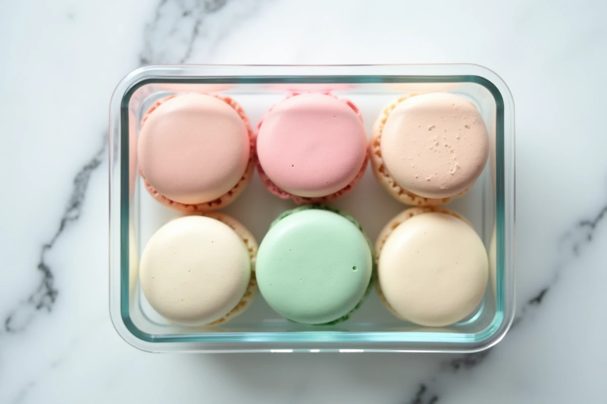 Coques de macarons vides conservées dans une boîte hermétique en verre sur un plan de travail en marbre blanc
