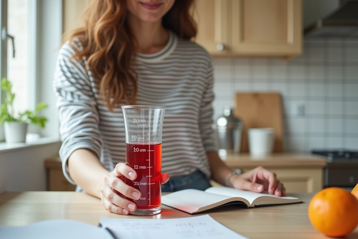 Femme convertissant des grammes en litres pour doser un sirop de grenadine dans une cuisine moderne