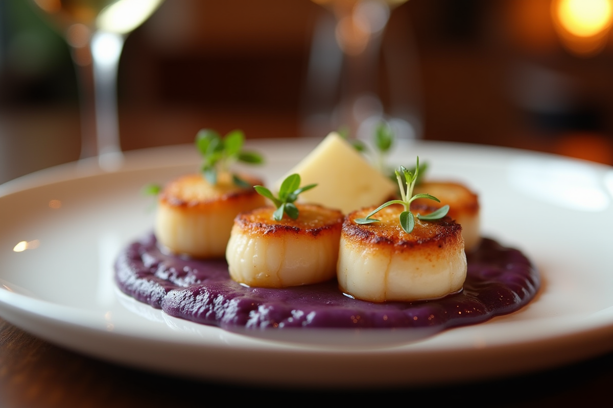 Coquilles sechees avec purée de patate violette et tuile parmesan