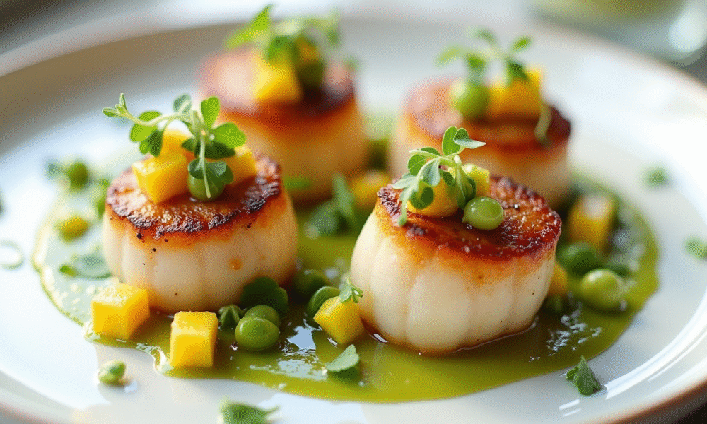 Coquilles sechees sur assiette moderne avec salsa mangue
