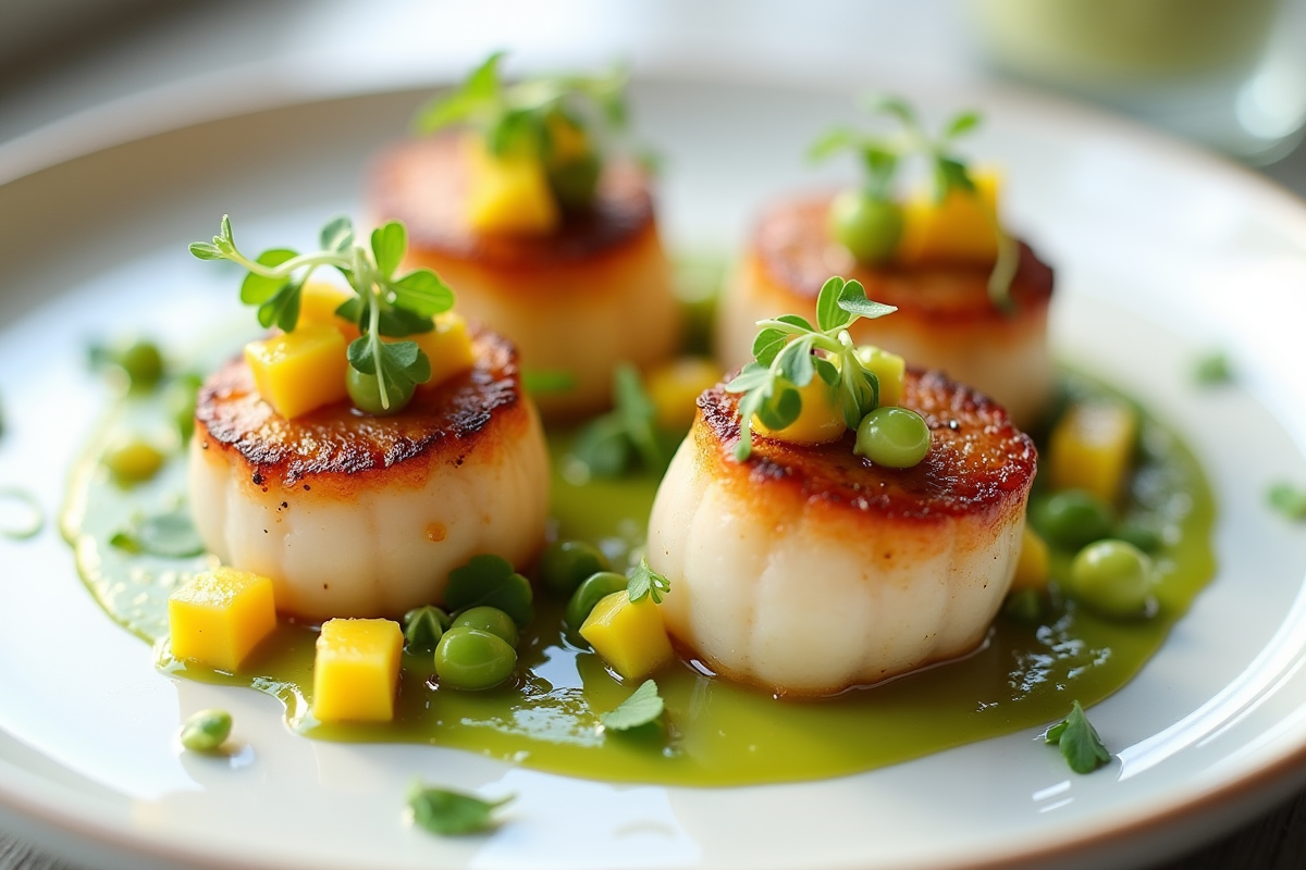 Coquilles sechees sur assiette moderne avec salsa mangue