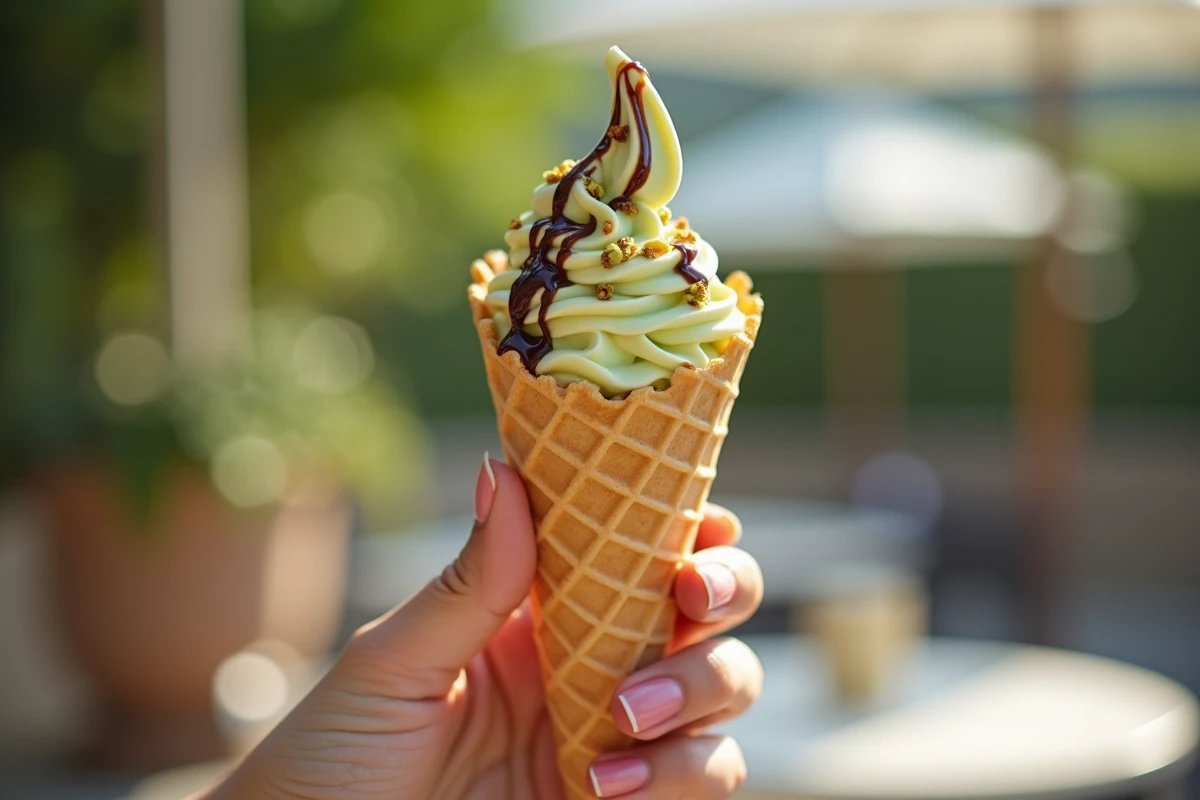 Gros plan d'un cornet de glace pistache maison nappé de sirop au chocolat et de pistaches concassées
