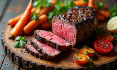 Côte de boeuf tranchée sur planche en bois rustique