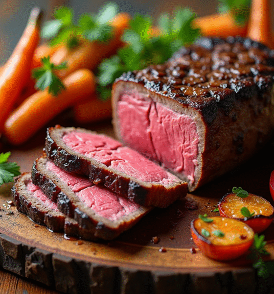Côte de boeuf tranchée sur planche en bois rustique