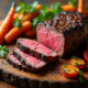 Côte de boeuf tranchée sur planche en bois rustique