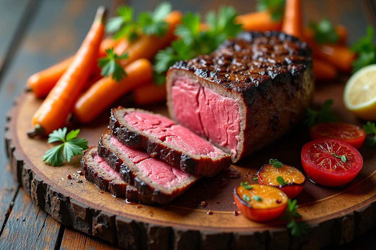 Côte de boeuf tranchée sur planche en bois rustique